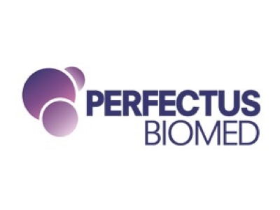 Perfectus Biomed logo in blue with purple icon