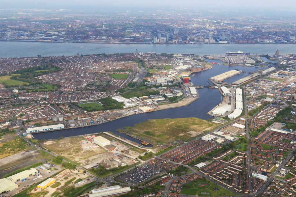 Ariel view of Wirral Waters, part of the Liverpool City Region Freeport